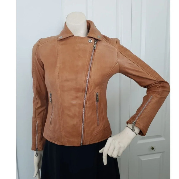BNWT Stradivarius  Sheep Leather Motorcycle style Fitted Brown Jacket Small - Picture 5 of 14